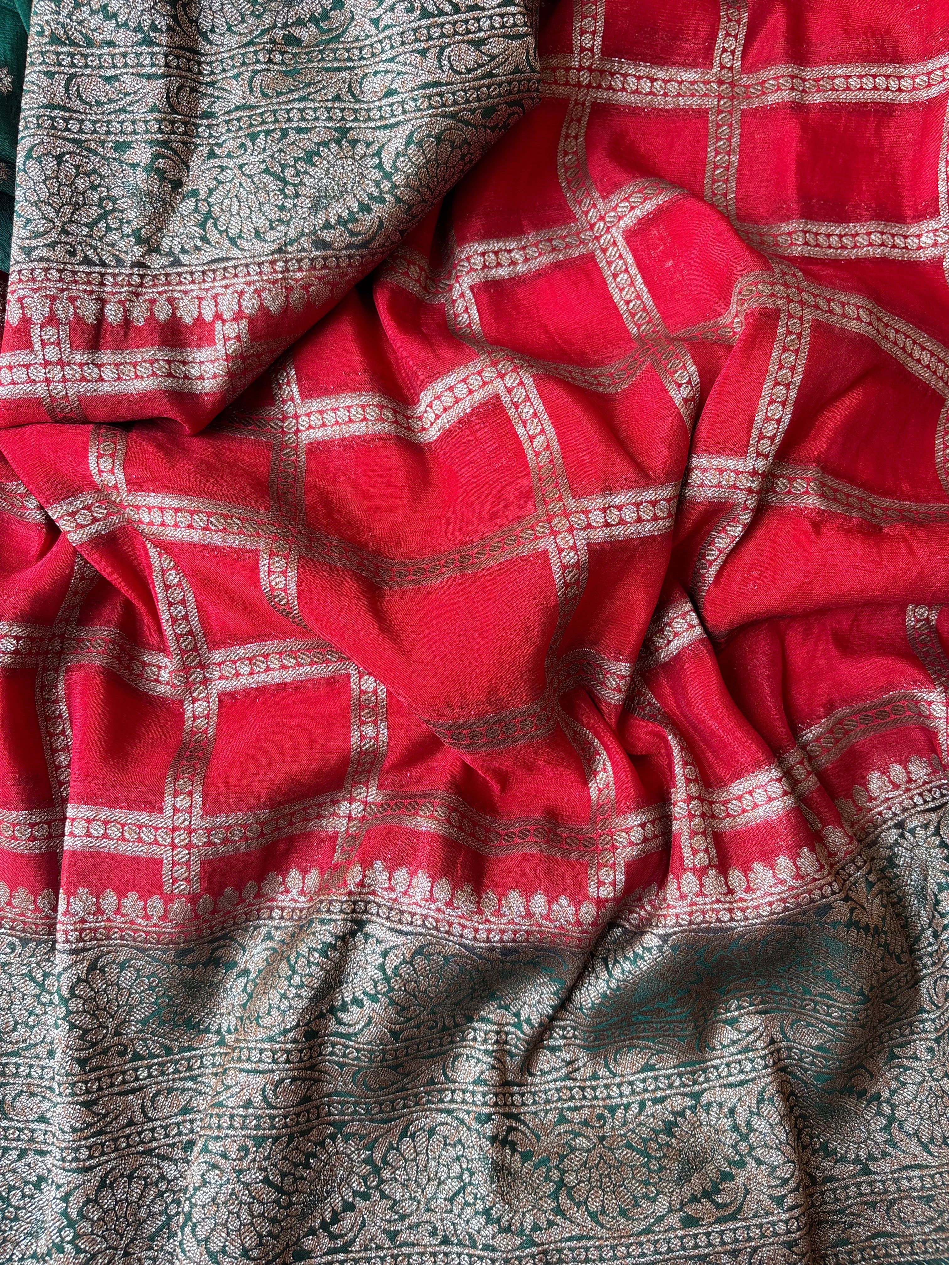 Red with Dark Green semi banaras Saree